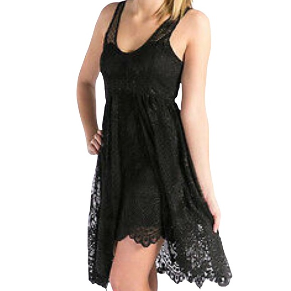 Free People Dresses & Skirts - Free People Black Lace Illusion Gold Shimmer High Low Dress